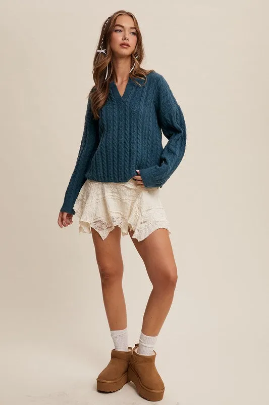 Teal Green Classic V-Neck Cable Knit Sweater