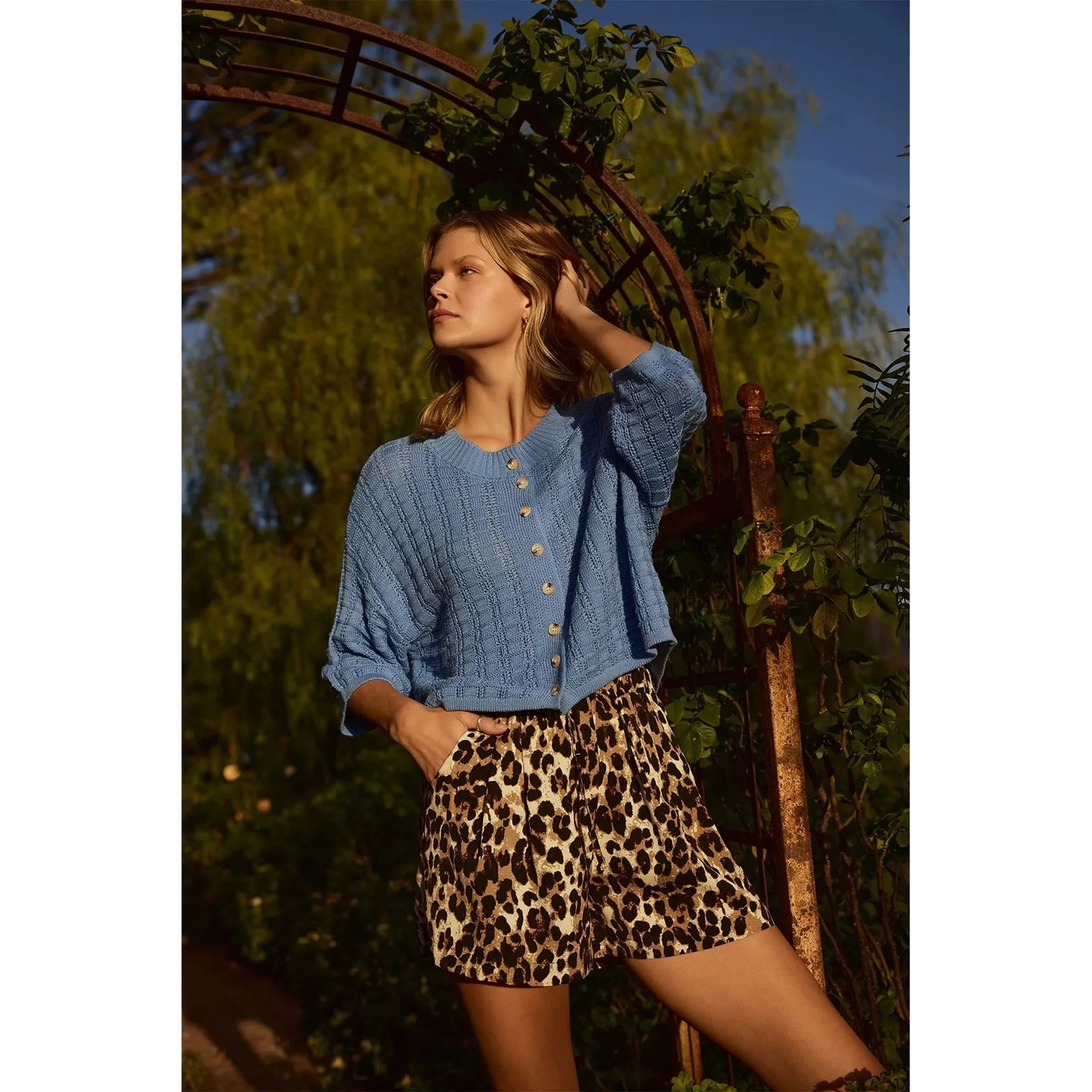 Textured Button-Up Knit Sweater - Blue