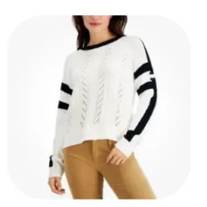 Tommy Hilfiger White Cable Knit Striped Crewneck Sweater Top With Black detail