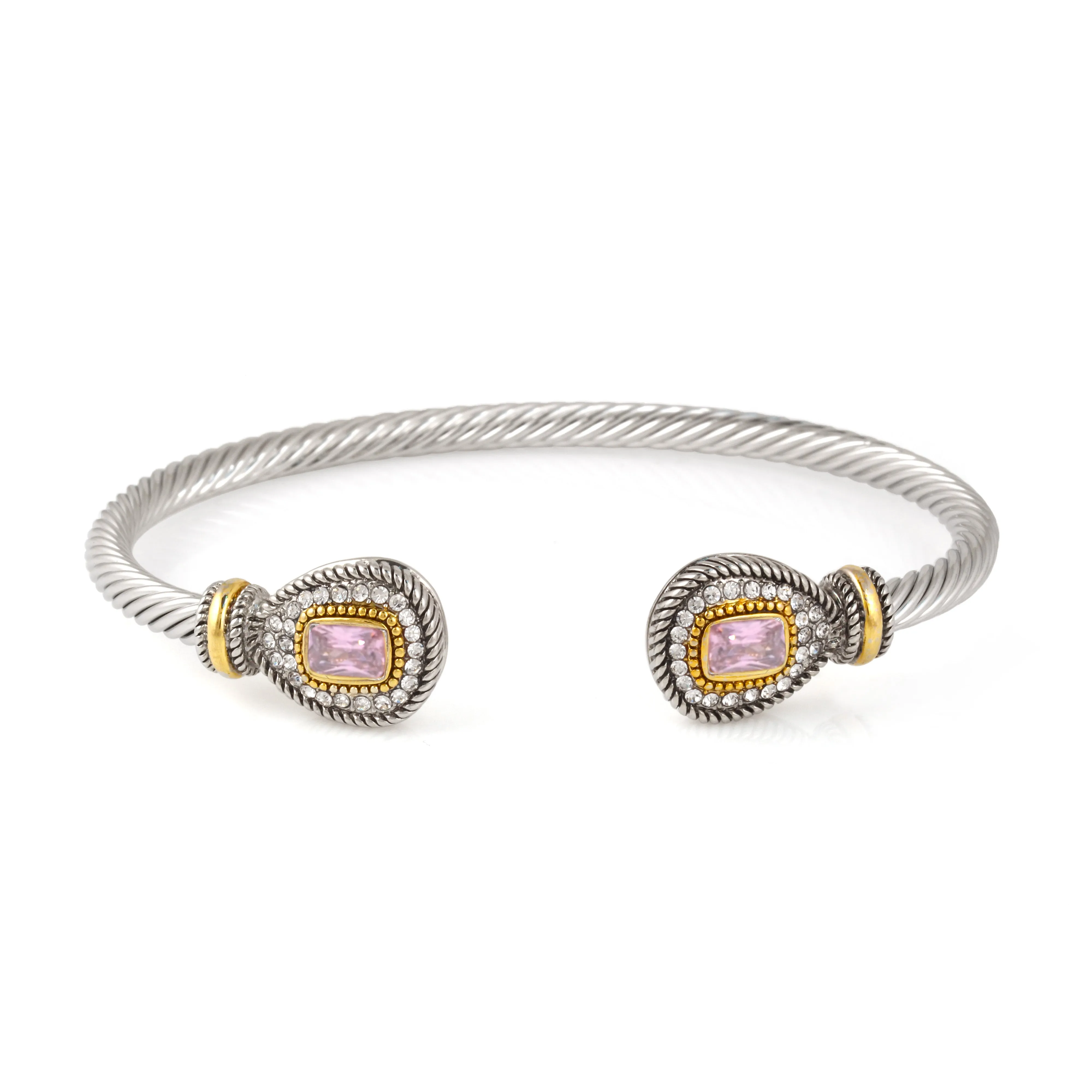 TWO TONE LIGHT ROSE CRYSTAL CLASSIC CABLE BRACELET #73024BR-LT.ROSE(FA27/FA23)