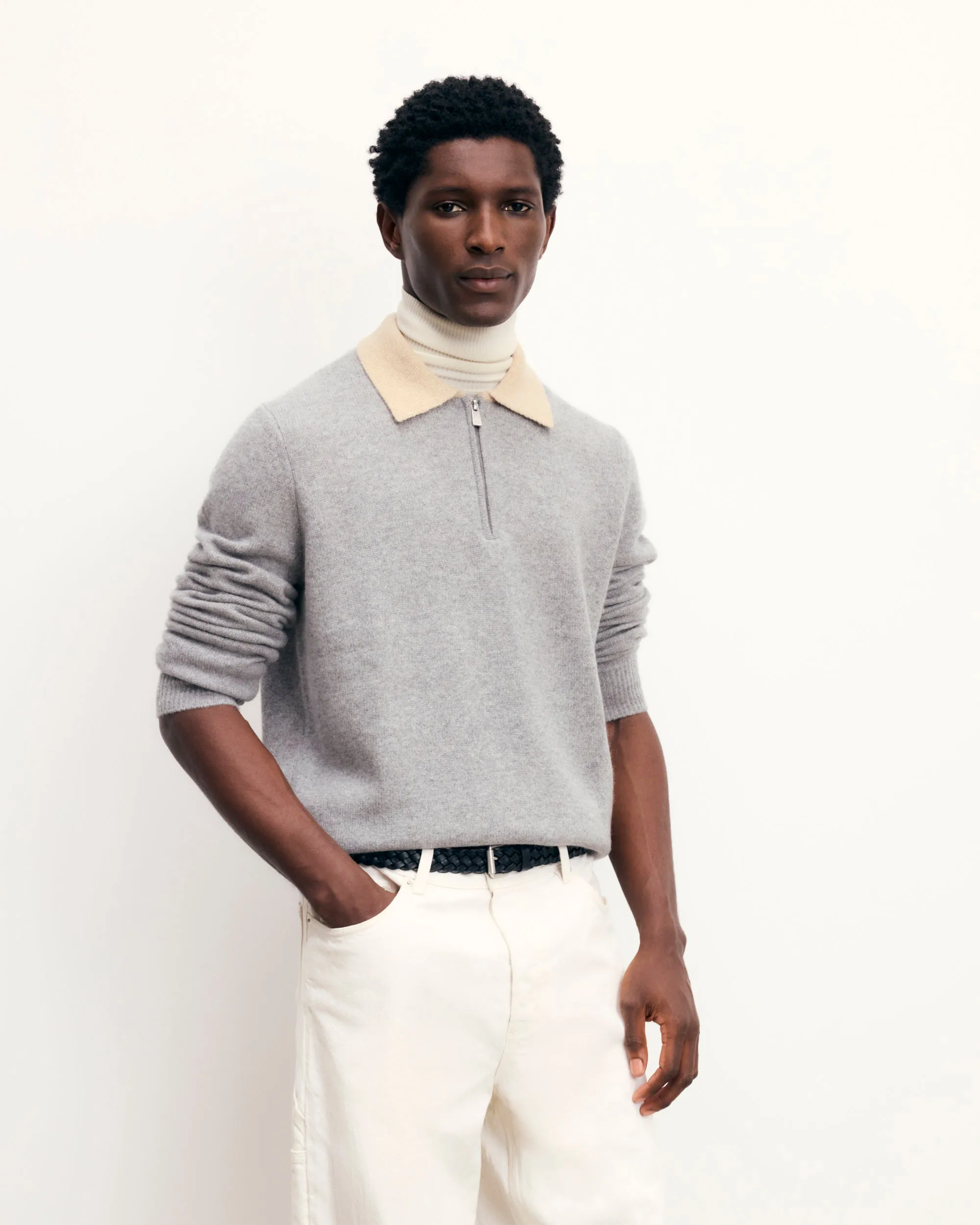 Two-tone Polo Neck Zipper Sweater (S25 / MEN / Dark Heather Gray)