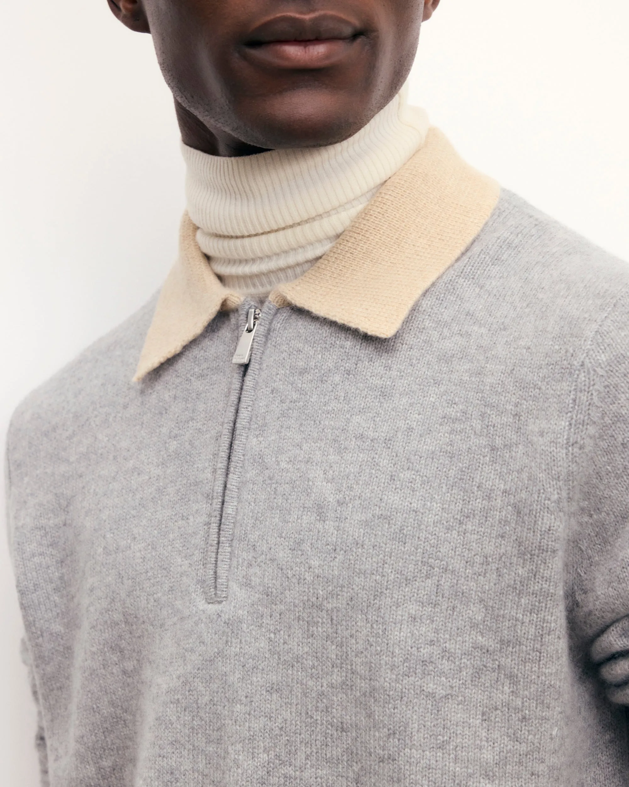 Two-tone Polo Neck Zipper Sweater (S25 / MEN / Dark Heather Gray)