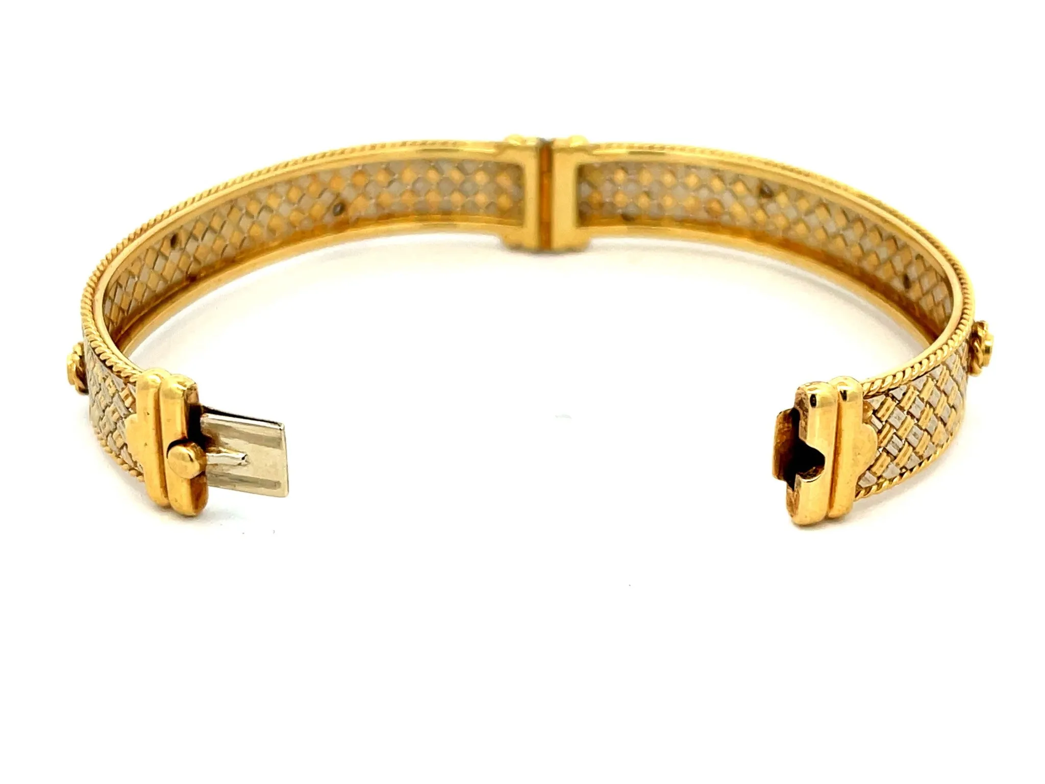 Two Toned 18k Gold Hinged Flower Diamond Bangle