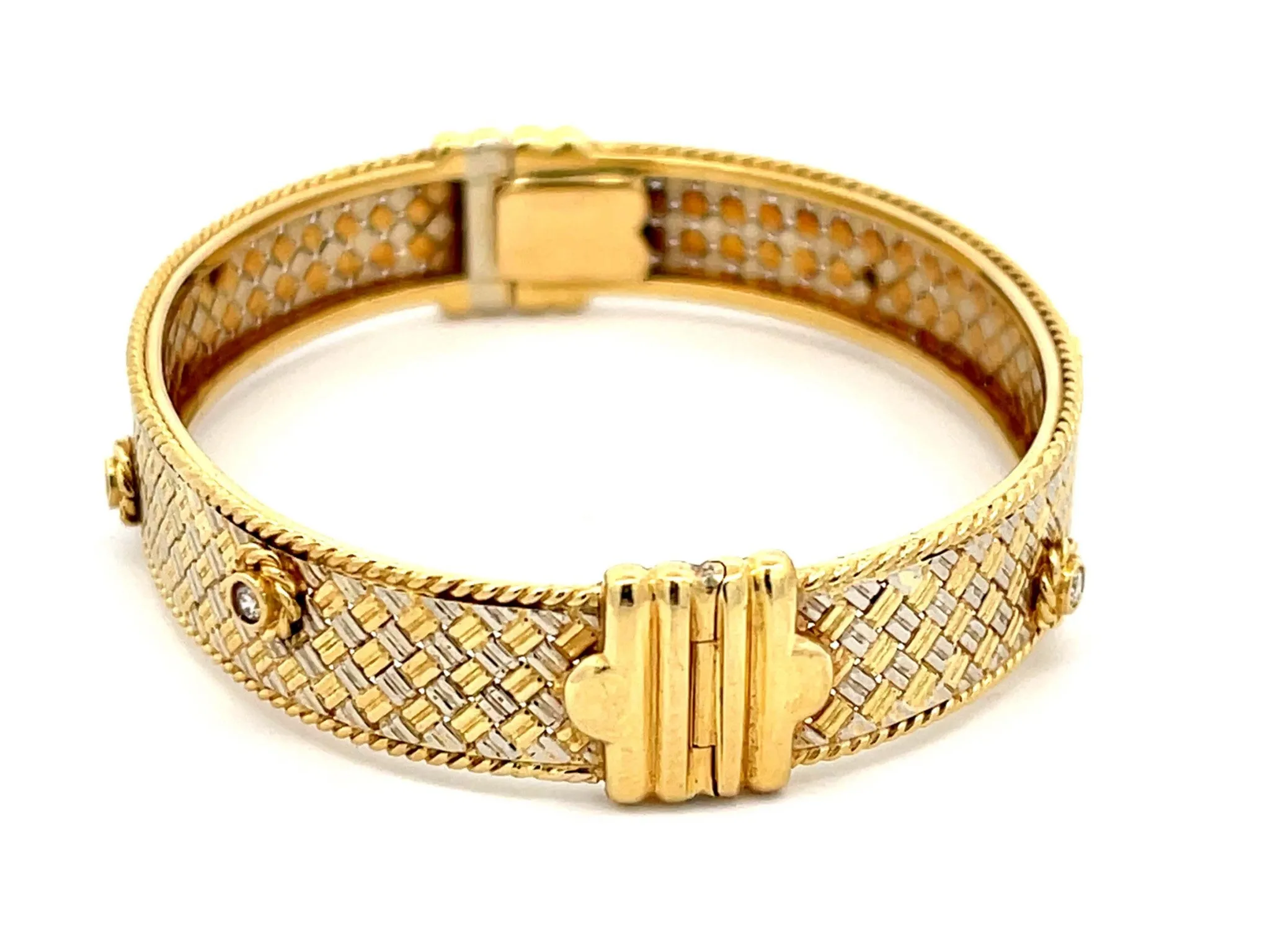 Two Toned 18k Gold Hinged Flower Diamond Bangle