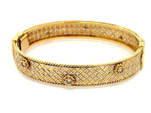Two Toned 18k Gold Hinged Flower Diamond Bangle