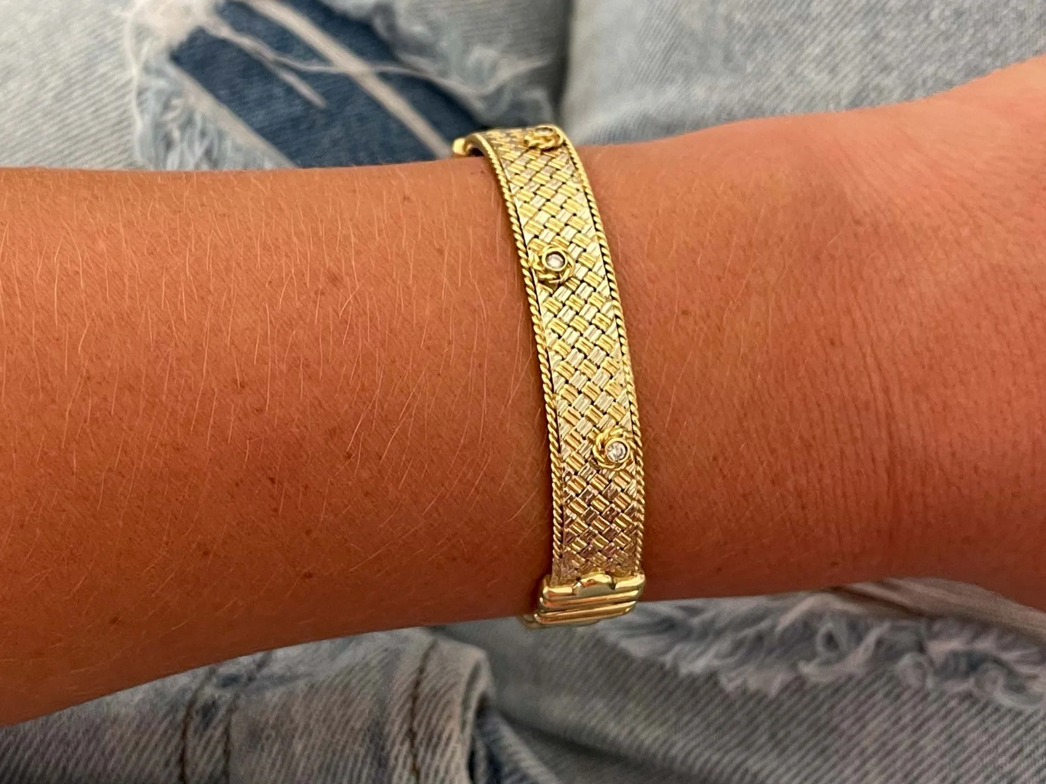 Two Toned 18k Gold Hinged Flower Diamond Bangle