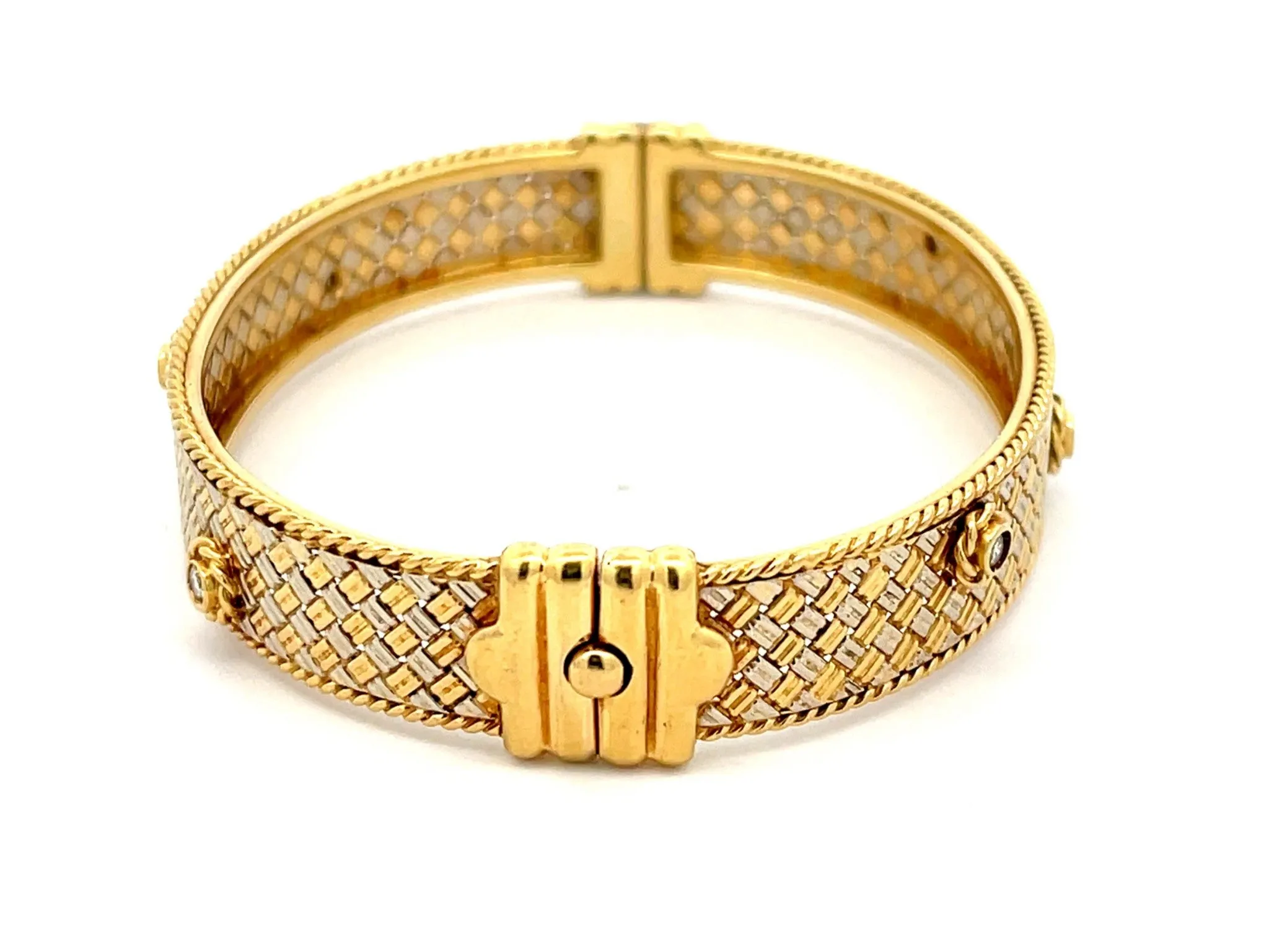 Two Toned 18k Gold Hinged Flower Diamond Bangle