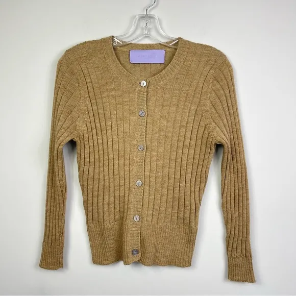 Vera Wang Lavender Label Camel Crewneck Ribbed Wool Alpaca Cardigan Sweater S
