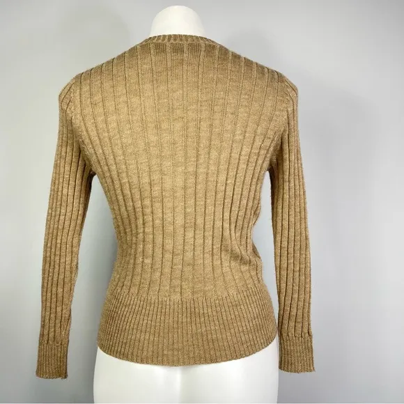 Vera Wang Lavender Label Camel Crewneck Ribbed Wool Alpaca Cardigan Sweater S