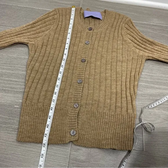Vera Wang Lavender Label Camel Crewneck Ribbed Wool Alpaca Cardigan Sweater S