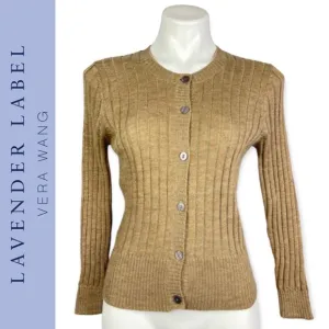 Vera Wang Lavender Label Camel Crewneck Ribbed Wool Alpaca Cardigan Sweater S