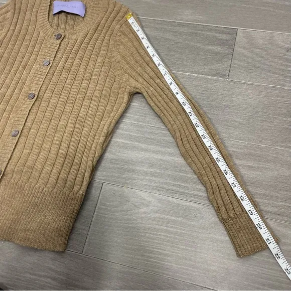 Vera Wang Lavender Label Camel Crewneck Ribbed Wool Alpaca Cardigan Sweater S