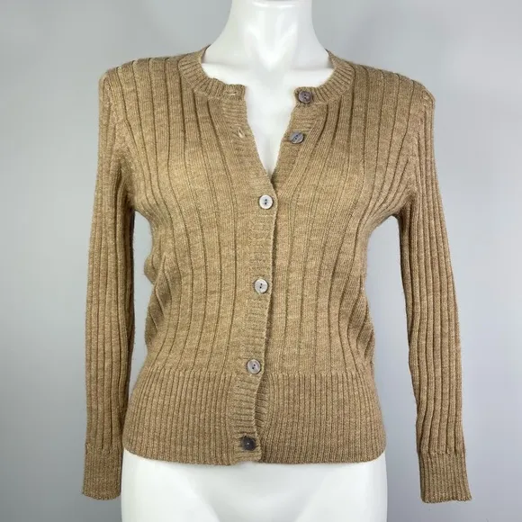 Vera Wang Lavender Label Camel Crewneck Ribbed Wool Alpaca Cardigan Sweater S