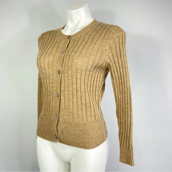 Vera Wang Lavender Label Camel Crewneck Ribbed Wool Alpaca Cardigan Sweater S