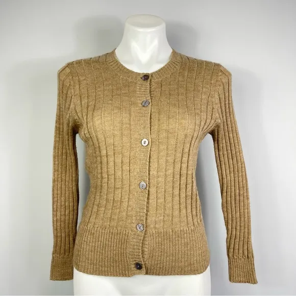Vera Wang Lavender Label Camel Crewneck Ribbed Wool Alpaca Cardigan Sweater S