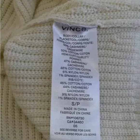 VINCE Off White Slit Tie Shoulder Back Crew Neck Cashmere Cotton Sweater