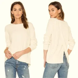 VINCE Off White Slit Tie Shoulder Back Crew Neck Cashmere Cotton Sweater