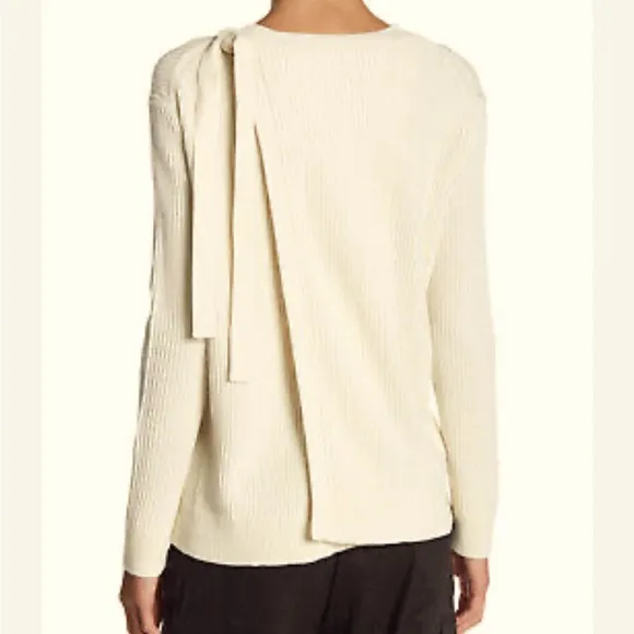 VINCE Off White Slit Tie Shoulder Back Crew Neck Cashmere Cotton Sweater
