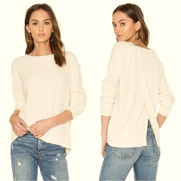 VINCE Off White Slit Tie Shoulder Back Crew Neck Cashmere Cotton Sweater