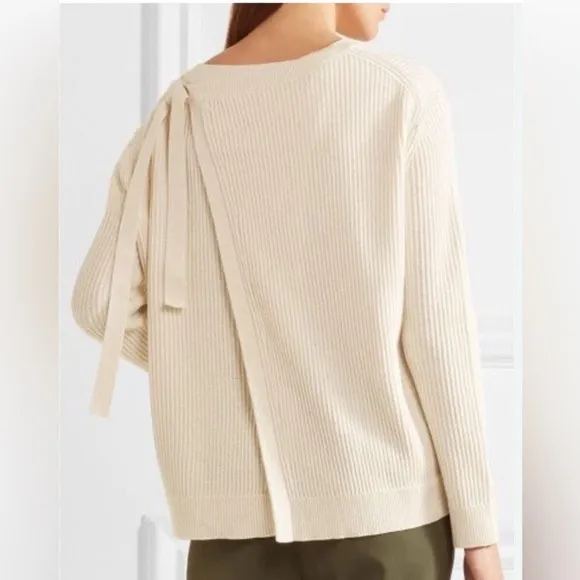 VINCE Off White Slit Tie Shoulder Back Crew Neck Cashmere Cotton Sweater
