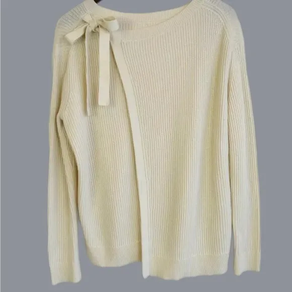 VINCE Off White Slit Tie Shoulder Back Crew Neck Cashmere Cotton Sweater