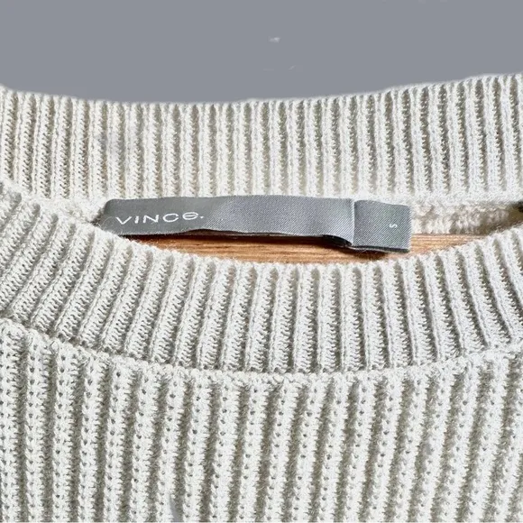 VINCE Off White Slit Tie Shoulder Back Crew Neck Cashmere Cotton Sweater