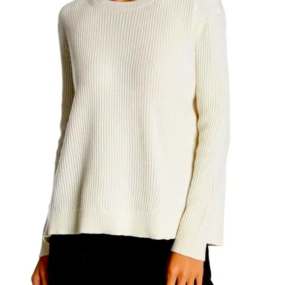 VINCE Off White Slit Tie Shoulder Back Crew Neck Cashmere Cotton Sweater