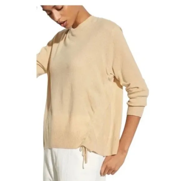VINCE Sz S Small Beige Tan 100% Cashmere Ruched Cinch Side Pullover Sweater