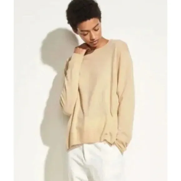 VINCE Sz S Small Beige Tan 100% Cashmere Ruched Cinch Side Pullover Sweater