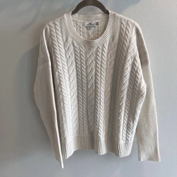 Vineyard Vines White Shimmer Cable Knit Cashmere Blend Sweater Size L