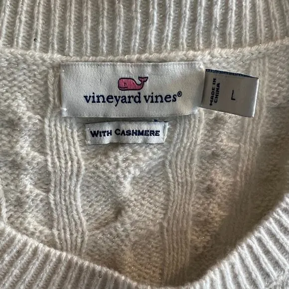 Vineyard Vines White Shimmer Cable Knit Cashmere Blend Sweater Size L