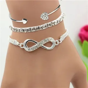Vintage Set Silver Color Crystal Rhinestone Heart Bracelets - Bangle Jewelry