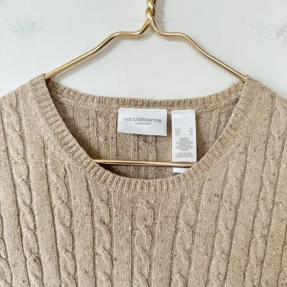 Vntg Liz Claiborne Silk Angora Blend Camel Cable Knit Sleeveless Sweater Vest XL