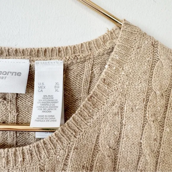 Vntg Liz Claiborne Silk Angora Blend Camel Cable Knit Sleeveless Sweater Vest XL