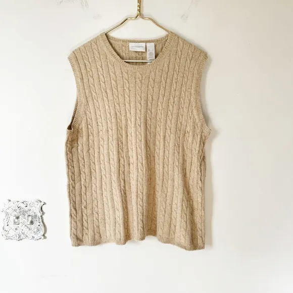 Vntg Liz Claiborne Silk Angora Blend Camel Cable Knit Sleeveless Sweater Vest XL