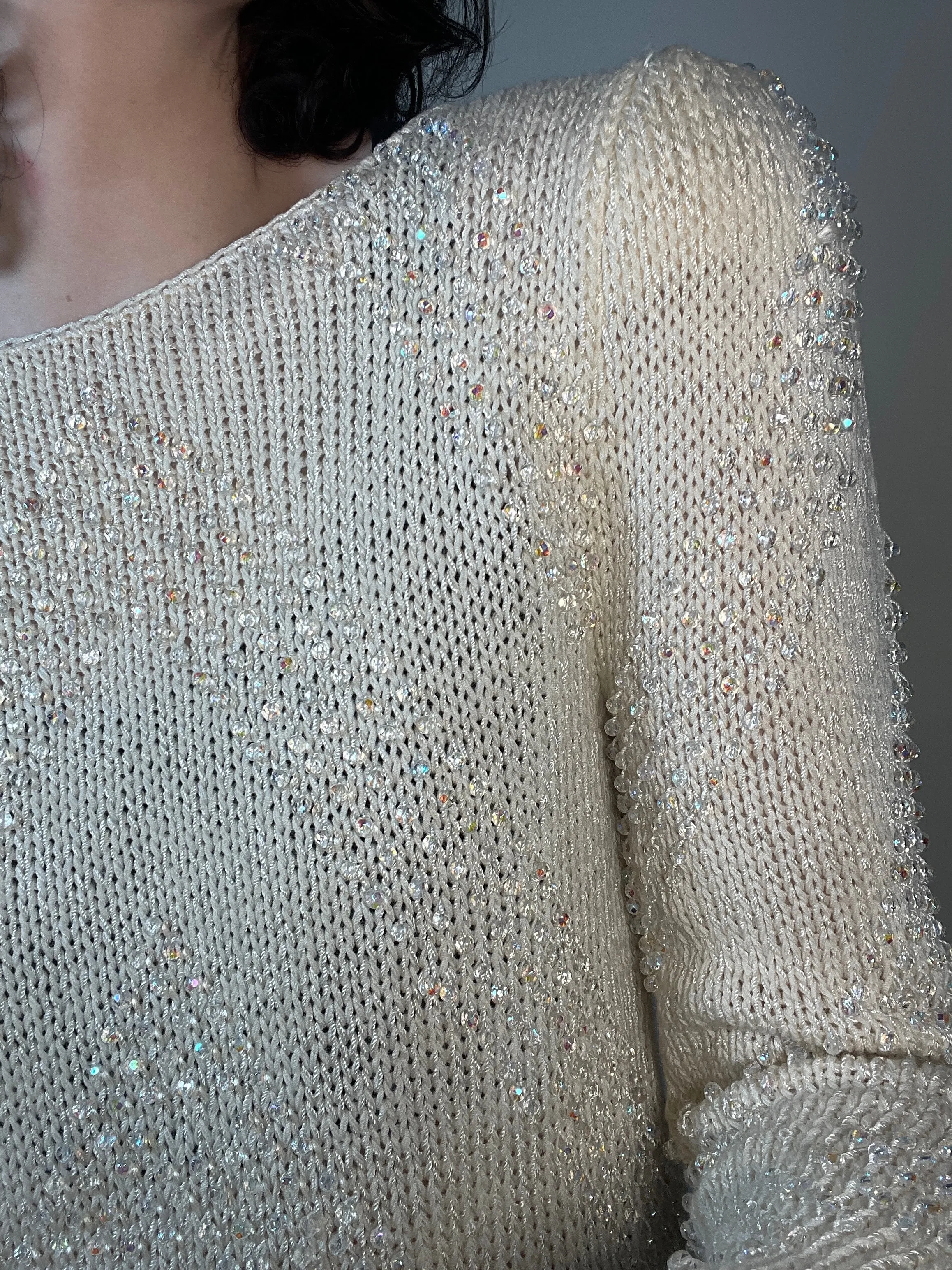 VTG 80s White Sweater W/ Clear Beads, POUF Sleeves