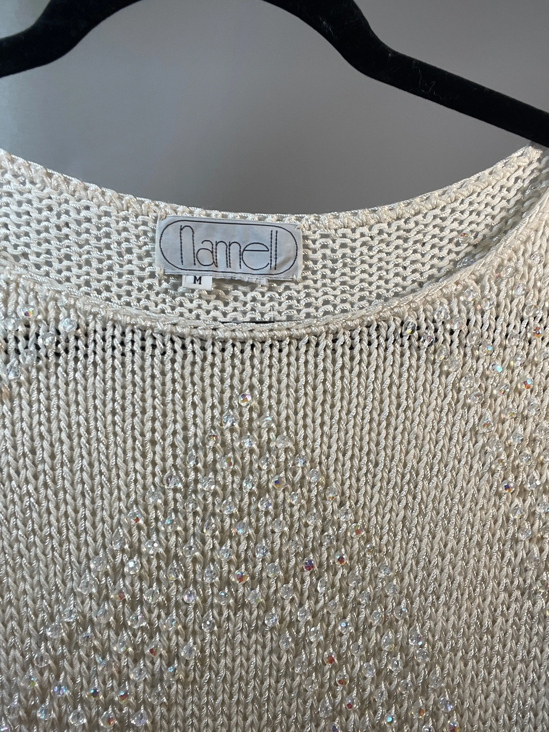 VTG 80s White Sweater W/ Clear Beads, POUF Sleeves