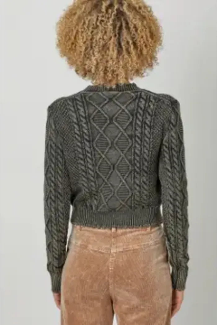 Washed Cropped Cable Knit Sweater