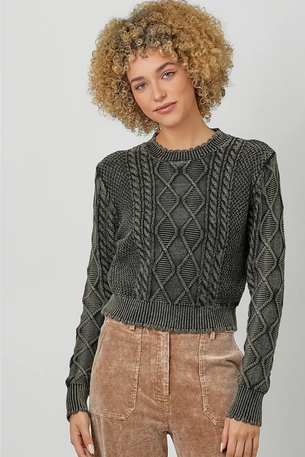 Washed Cropped Cable Knit Sweater
