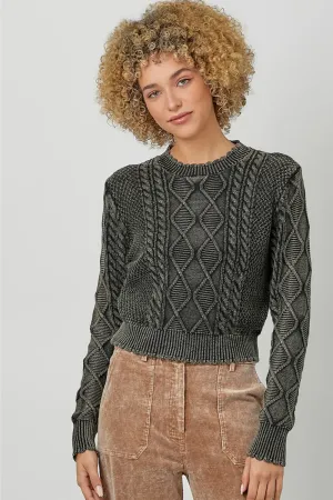 Washed Cropped Cable Knit Sweater