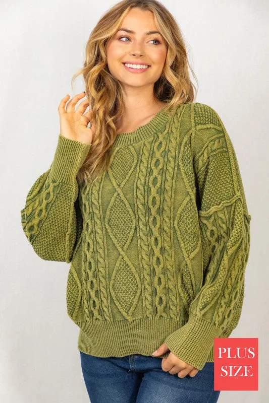 White Birch PLUS Long Sleeve Mineral Washed Cable Sweater