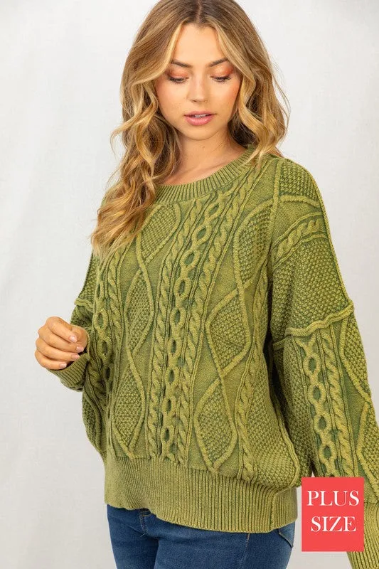 White Birch PLUS Long Sleeve Mineral Washed Cable Sweater