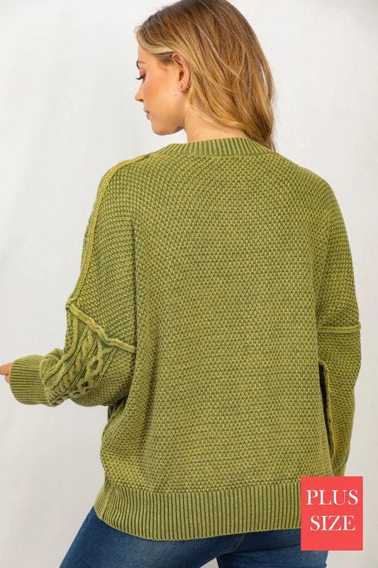 White Birch PLUS Long Sleeve Mineral Washed Cable Sweater