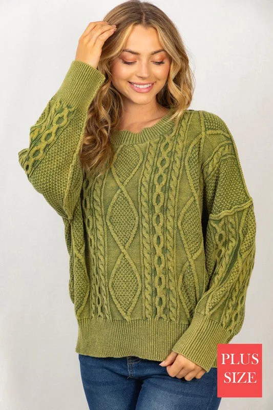 White Birch PLUS Long Sleeve Mineral Washed Cable Sweater