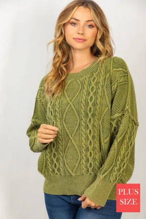 White Birch PLUS Long Sleeve Mineral Washed Cable Sweater
