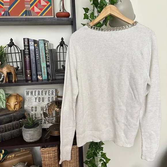 WHITE HOUSE BLACK MARKET Chain Detail Ribbed Sweater Heather Cream Sz XL {V17}