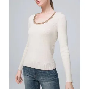 WHITE HOUSE BLACK MARKET Chain Detail Ribbed Sweater Heather Cream Sz XL {V17}