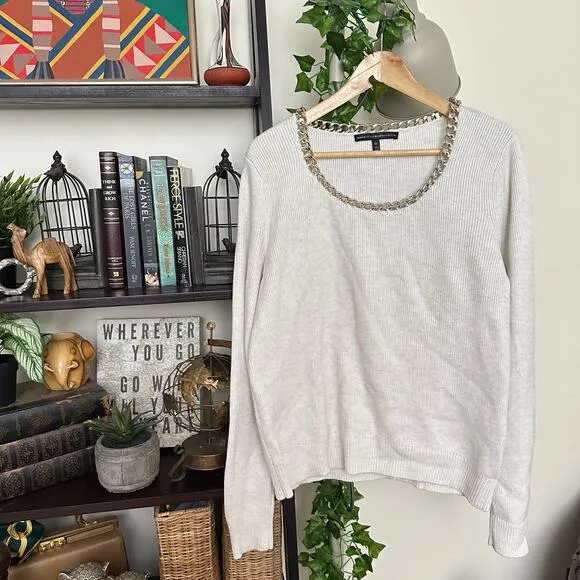WHITE HOUSE BLACK MARKET Chain Detail Ribbed Sweater Heather Cream Sz XL {V17}