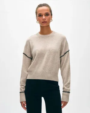 White   Warren Cashmere Blanket Stitch Crew Sandwisp/Black