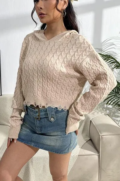 Winsome Dropped Shoulder Hooded Cable Knit Sweater